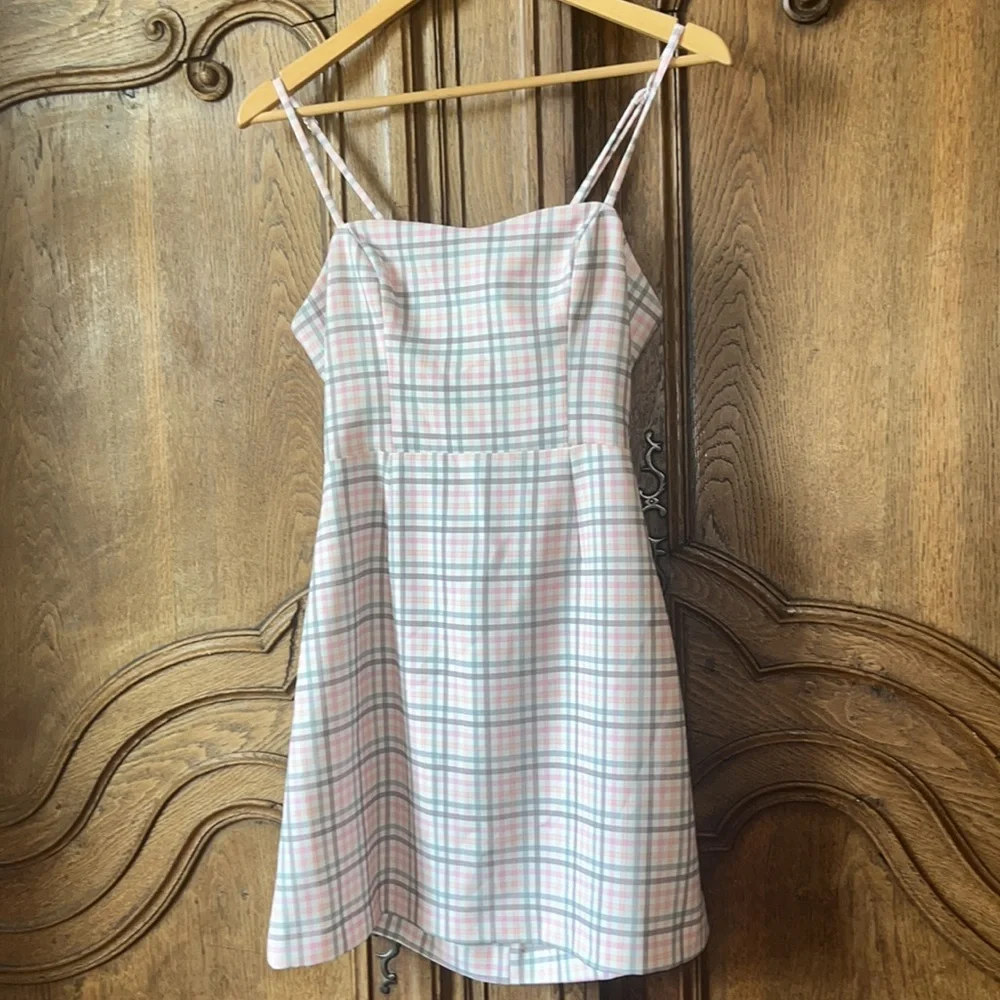 French Connection Yaki Whisper Gingham Sweetheart Tie Back Detail Mini Dress - Picture 5 of 12